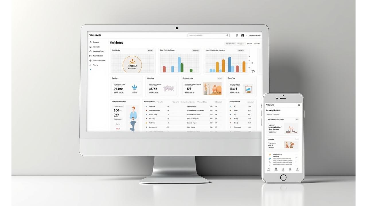 Full view of VitaSpoke's personalized wellness dashboard, showcasing various customizable widgets like activity rings, nutrition summaries, sleep scores, and mood trackers. The interface is clean and user-friendly.