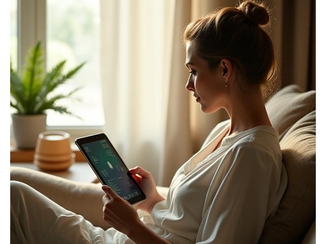 A person calmly reading a health magazine on a tablet, with a gentle morning light and a cup of tea, symbolizing daily wellness insights.