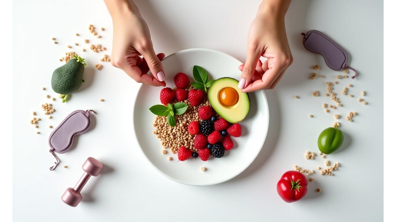 Overhead view of a person preparing a healthy meal with fresh ingredients, surrounded by symbols representing fitness, sleep, and mindfulness, illustrating holistic wellness.