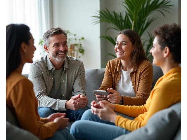 A diverse group of adults of varying ages engaged in a respectful and open discussion, smiling and nodding, in a brightly lit modern setting, symbolizing positive community interaction.