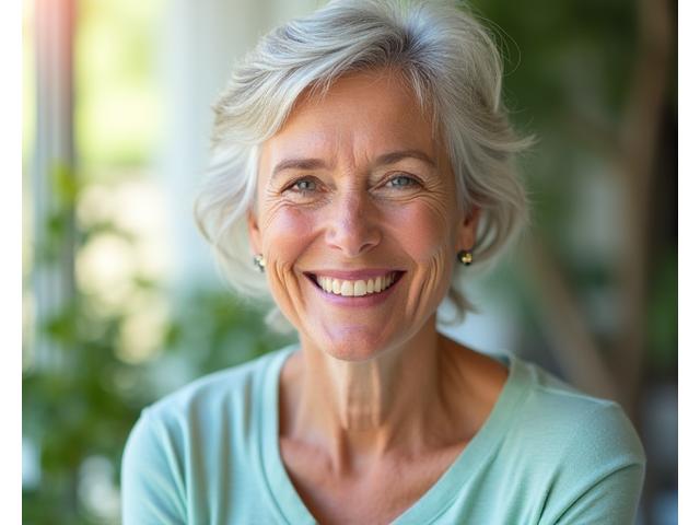 Portrait of Evelyn, a woman in her late 50s, smiling vibrantly.