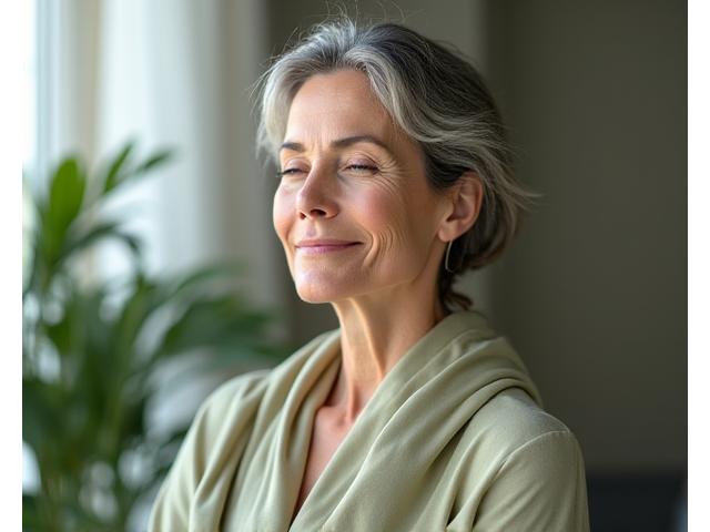Portrait of Sarah, a woman in her late 40s, looking serene and reflective.