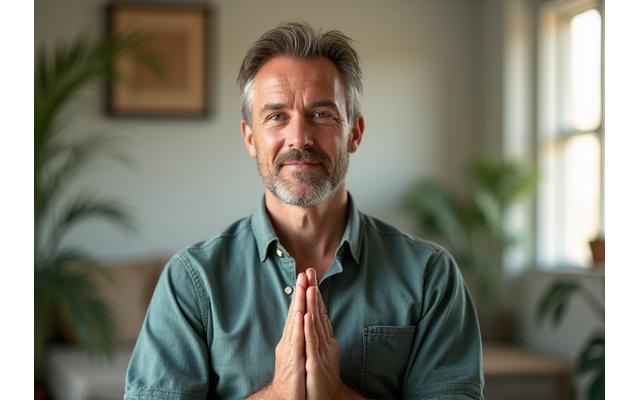 Marcus Thorne, a mindfulness coach, meditating calmly by a window