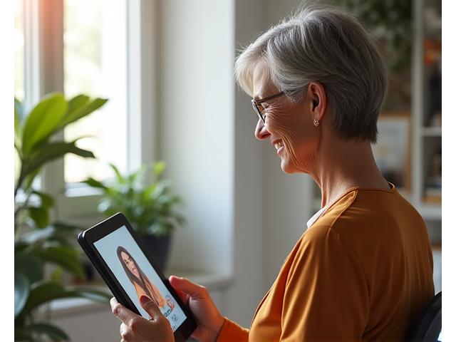 Woman having a virtual coaching session on a tablet, smiling and engaged, with a holistic health diagram in the background