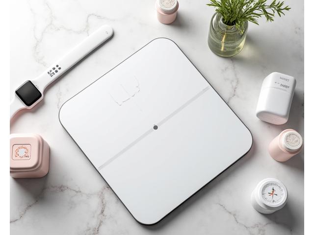 Assortment of modern wellness devices, including a smartwatch, smart scale, and supplement bottles, arranged elegantly on a clean, light surface suggesting expert curation.