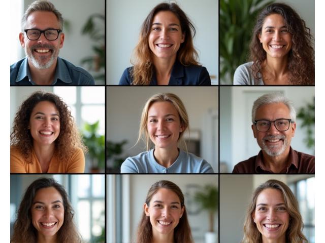 A diverse group of remote professionals engaging in a virtual wellness meetup on a video call, smiling and interacting