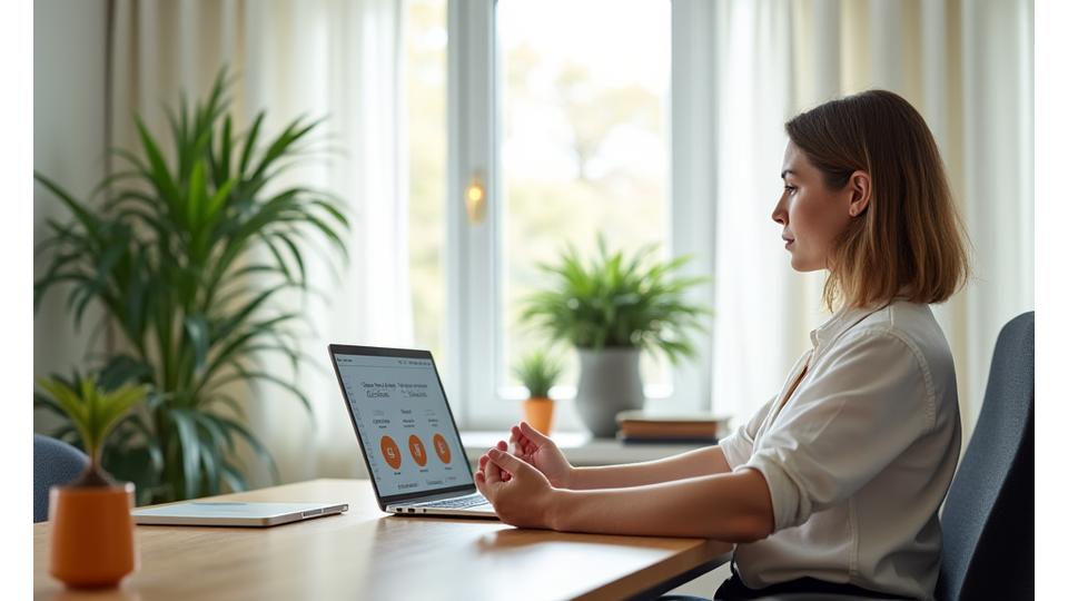 A person comfortably stretching in their home office, with a laptop showing a wellness app, conveying flexibility