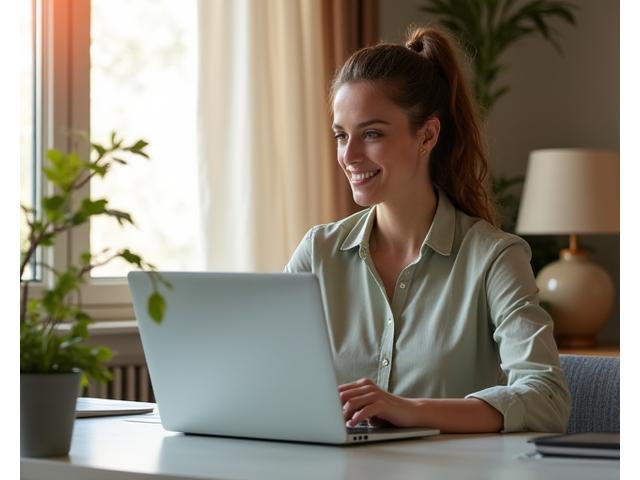 Professional working comfortably from a well-lit home office, demonstrating focus and calm