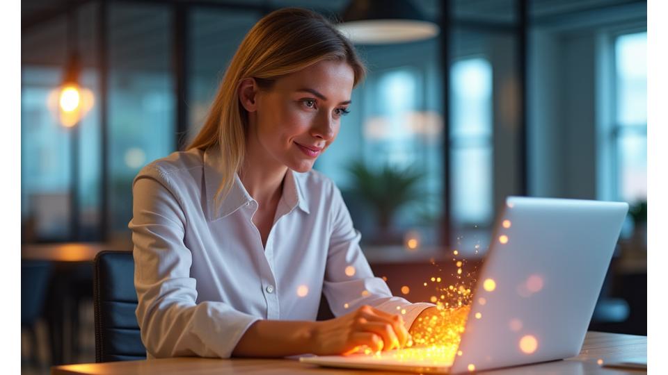 A person looking energetic and focused, working productively at a laptop, with subtle elements radiating wellness and focus